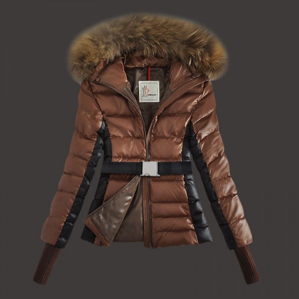 Moncler Donna Giù cappotto di pelliccia con cappuccio marrone uscita M1094